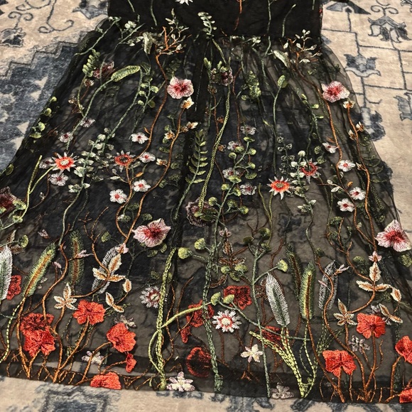 METISU BLACK FLORAL MESH SHORT-SLEEVE SUMMER LIGHTWEIGHT EMBROIDERED MIDI DRESS - Picture 7 of 16